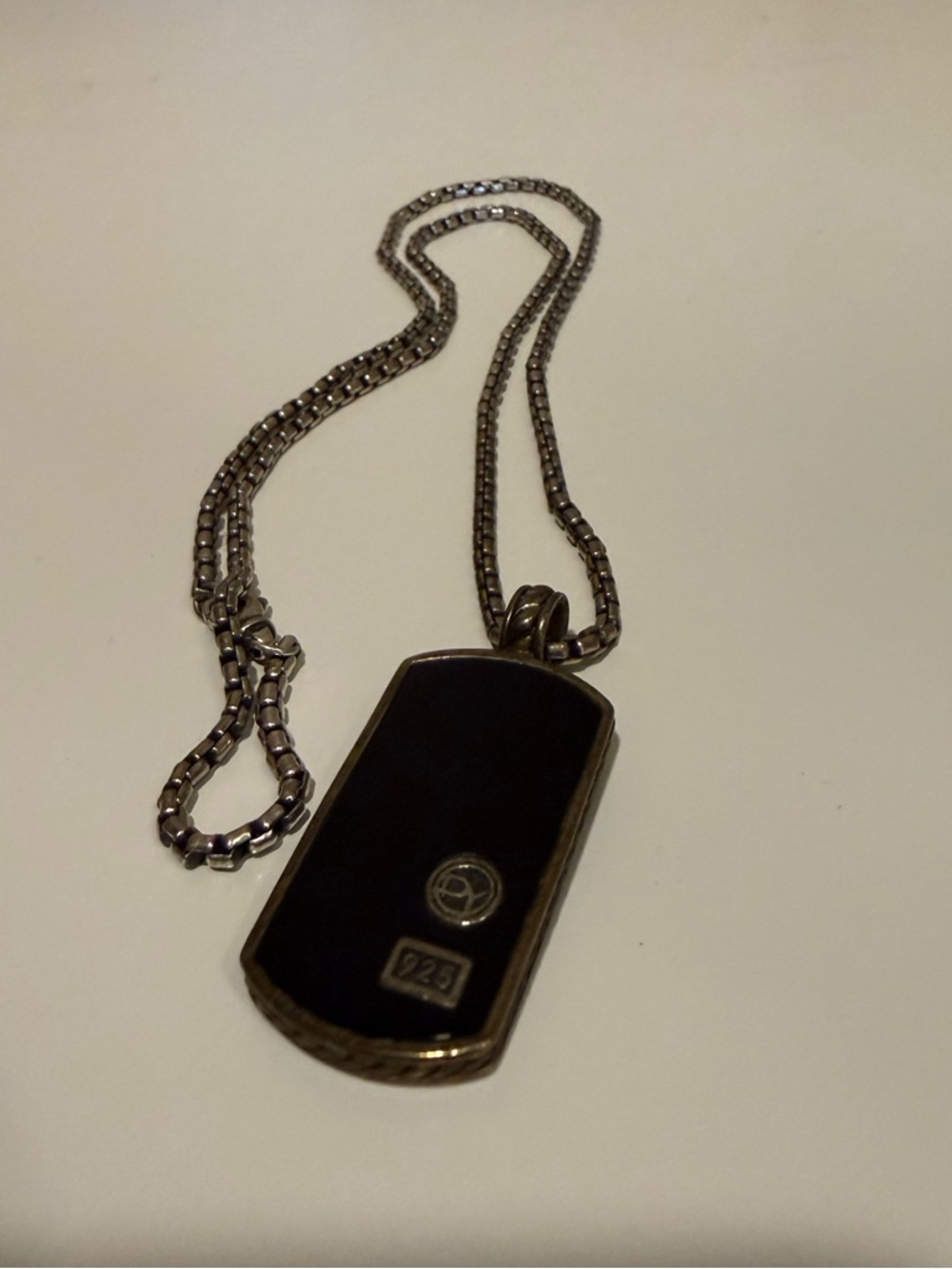 David Yurman Black and Silver Onyx Dog Tag Pendant Necklace
